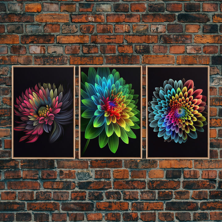 Triptych 3 Panel Wall Art - Framed Canvas Prints - Neon Flowers - Retro Style Flower Paintings - Boho Decor - Minimalist Wall Art - Modern