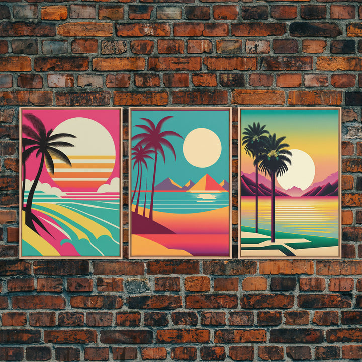 Beautiful Turquoise Retro Style Beach Art, Triptych 3 Panel Framed Canvas Prints, Palm Trees and Sunset, 80s Vibes Vaporwave Art Deco Mashup