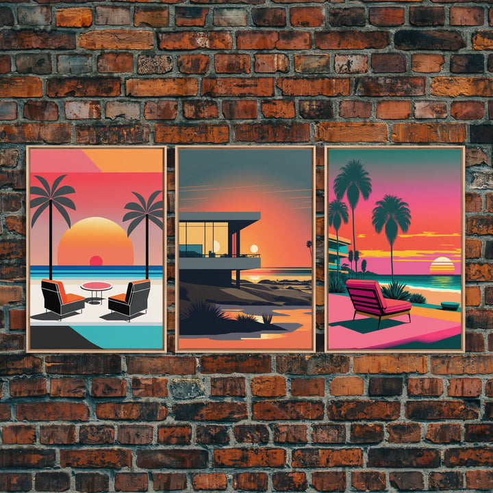 Vaporwave Aesthetic Wall Art Framed Canvas, Set of 3 Framed Canvas, Tropical Decor, Travel Posters, Original Art Framed Canvas