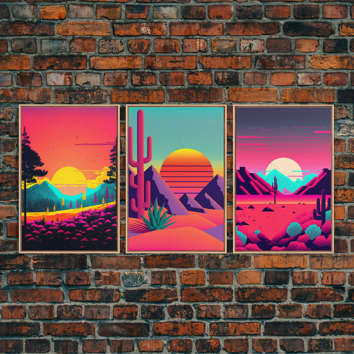 Retro Synthwave Style 80s Vibes Art, 3 Panel Canvas, Triptych Art, Framed Canvas Prints, Sunset, Pink Hues, Pastel Art, Vaporwave Decor