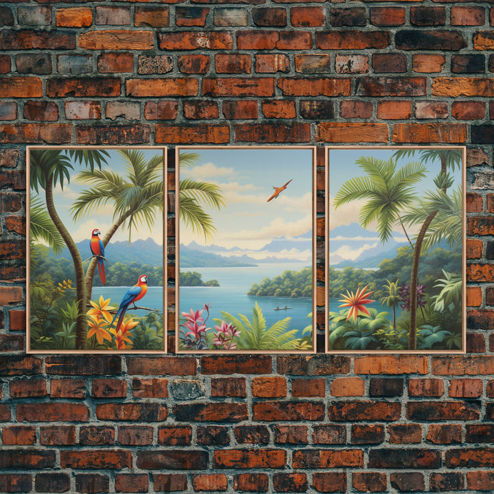 Palm Tree Art, Tropical Wall Art, Macaw, Landscape Art Print, Canvas Print, Wall Art, 3 Piece Wall Art, Retirement Gifts, Apartment Wall Art