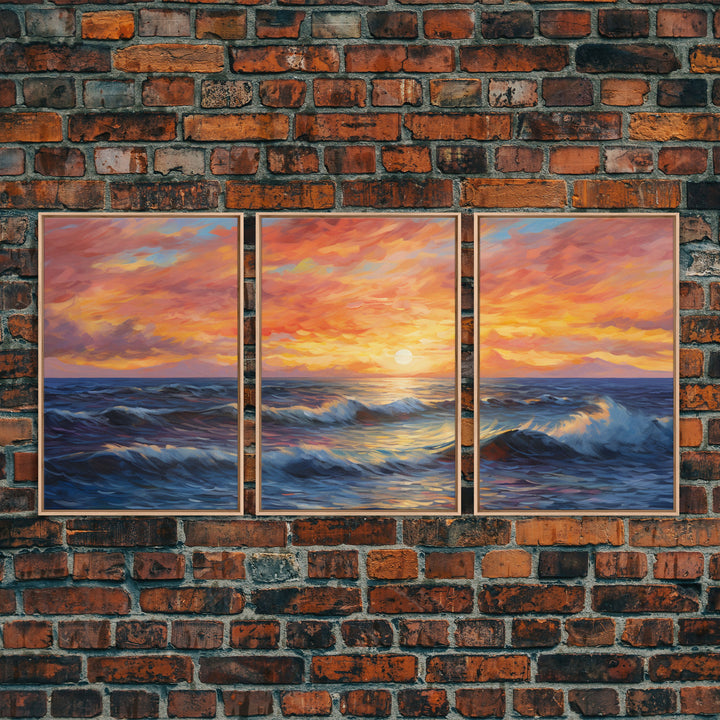 3 Piece Wall Art Blue Beach and Ocean Waves Panoramic Framed Canvas Print - Perfect for Living Room, Bedroom, Office Decor, Beach House Art