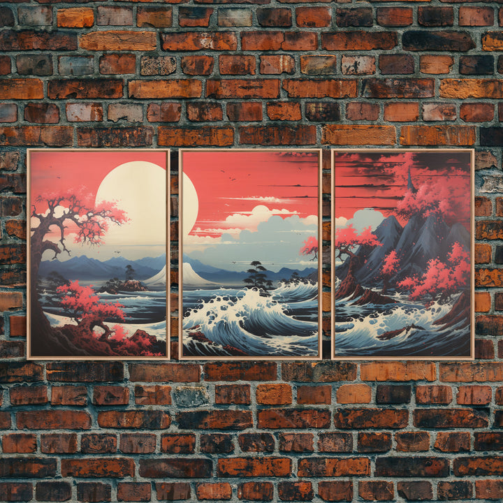 Japanese Ukiyo-e Mountains Sunset Set of 3 Prints, Japanese Ink Block, Ukiyo-e Wall Art, Living Room Art, Above Bed Decor, 3 Panel Print Set