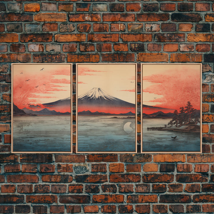 Japanese Ukiyo-e Mountains Sunset Set of 3 Prints, Japanese Ink Block, Ukiyo-e Wall Art, Living Room Art, Above Bed Decor, 3 Panel Print Set