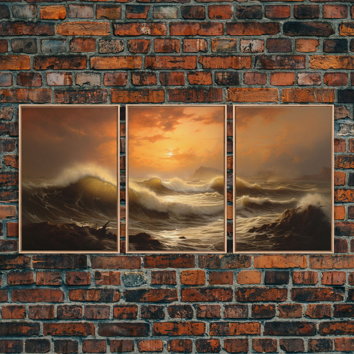 Beneath The Roaring Sea, Seascape Painting, 3 Piece Set, Framed Canvas Print, Cool Wall Art, Office Decor, Above Sofa Art