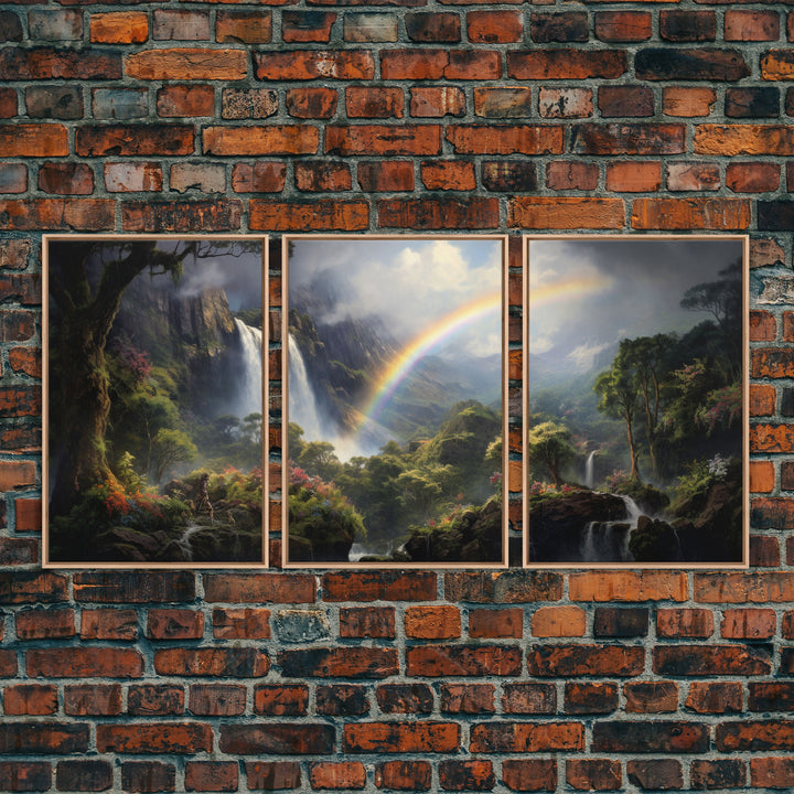 Tropical Rainbow Art, 3 Piece Framed Canvas Prints, Hawaii Art, Hawaiian Waterfall Painting, Original Landscape Painting, Maui Art