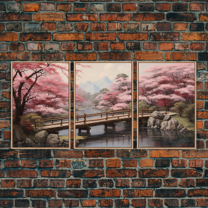 Cherry Blossom Wall Art, Japanese Print, Landscape Wall Art, Canvas Print, Wall Art, 3 Piece Wall Art, Farmhouse Wall Decor, Above Bed Art