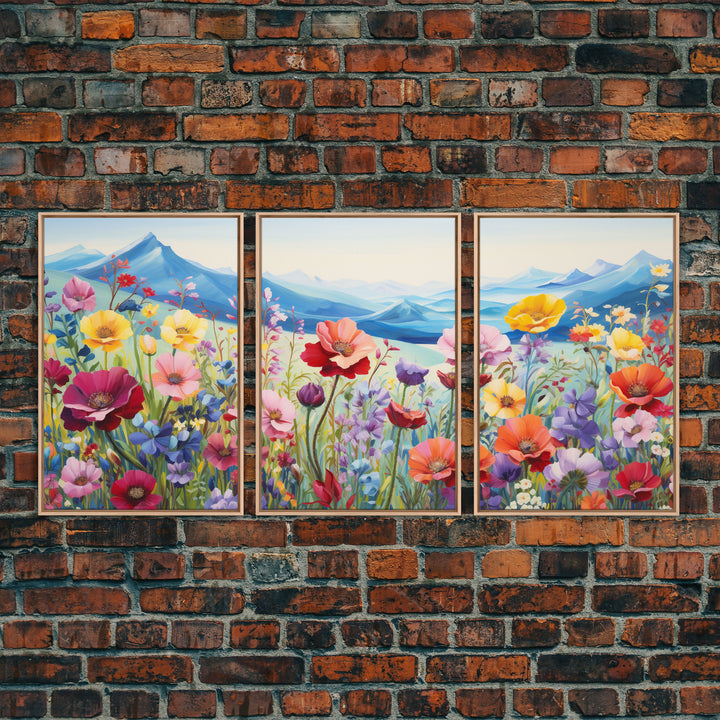 Wildflower Meadow, Wildflower Wall Art, Floral Print, Canvas Print, Set Of 3 Prints, Wall Art, 3 Piece Wall Art, Country Home Decor