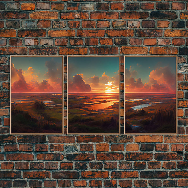 Ocean At Sunset, Lakehouse Wall Decor, 3 Piece Canvas Decor, 3 Piece Wall Art, Ready To Hang Canvas Prints