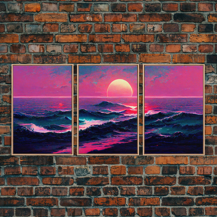 Outrun Style Synthwave Sunset Ocean Waves, 3 Piece Wall Art, Ready To Hang Canvas Print, Cool Unique Lakehouse Wall Art Decor