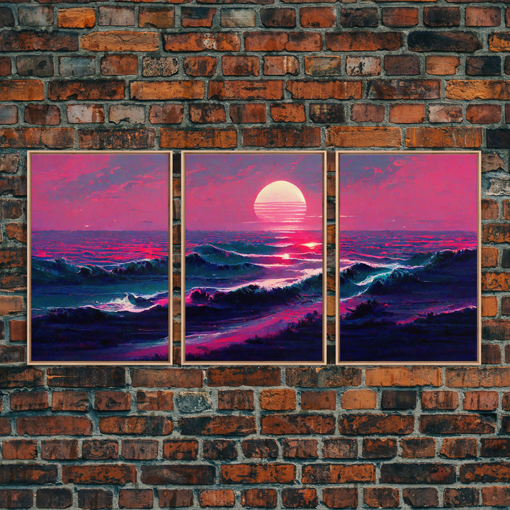 Outrun Style Synthwave Sunset Ocean Waves, 3 Piece Wall Art, Ready To Hang Canvas Print, Cool Unique Lakehouse Wall Art Decor