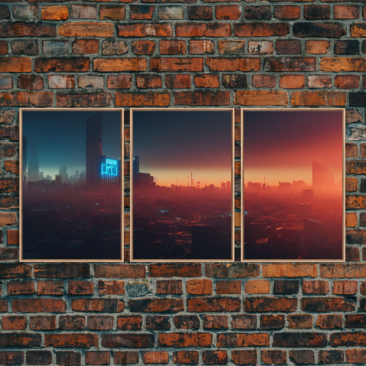 Cyberpunk Cityscape, Cyberpunk Concept Art at Sunset, Cool mancave art, 3 Piece Canvas Decor, 3 Piece Wall Art, Ready To Hang Canvas Prints