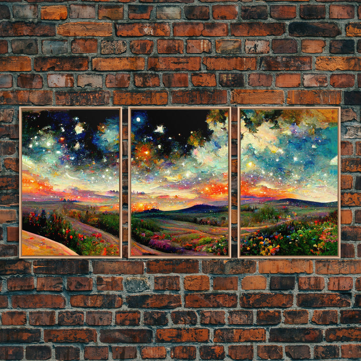 Night Starry Sky Landscape Colorful Night Sky Nature Living Room Wall Art Spiritual Starry, 3 Piece Wall Art, Ready To Hang Canvas Print