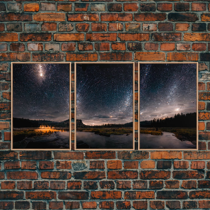 Starry Night Sky Over Montana, travel photography art, 3 Piece Wall Art, Ready To Hang Canvas Print