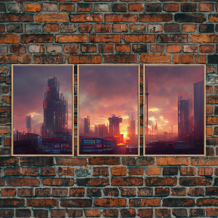 Cyberpunk City, Night City Watercolor, Videogame Concept Art, Watercolor Of a Cyberpunk City 3 Piece Wall Art, Ready To Hang Canvas Print