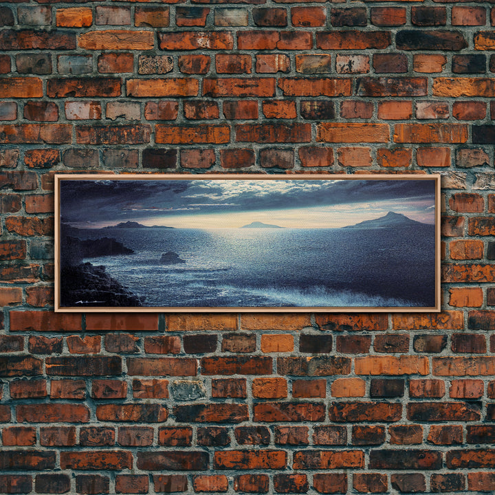 Storm Torrent Over A Steel Grey Sea, Gloomy Wall Art, Framed Ready To Hang Canvas Print