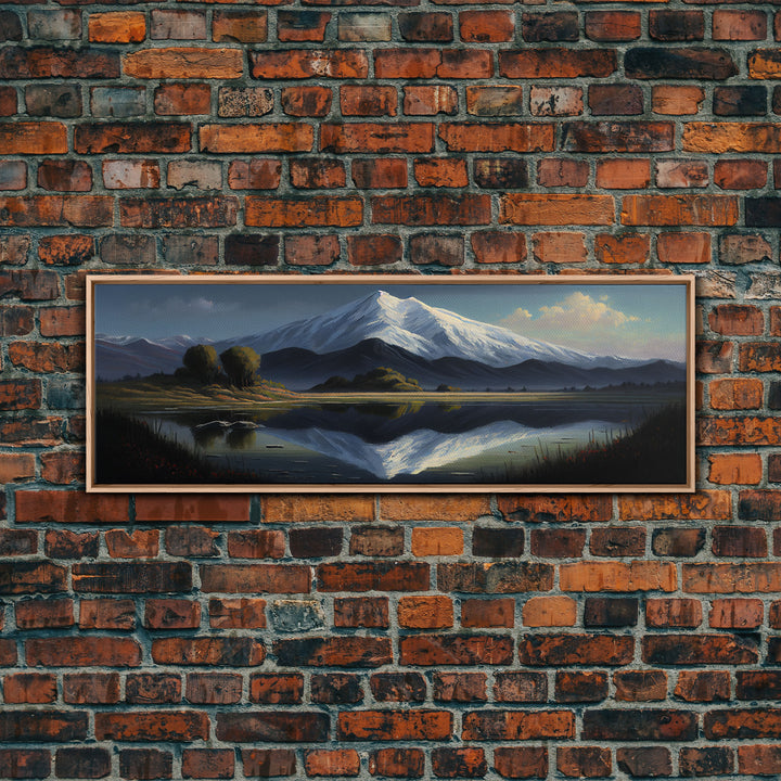 Contemporary Mountain Oil Painting Framed Canvas Print | Huge Wall Decor | Panoramic Nature / Landscape Painting | Wood Frame Art