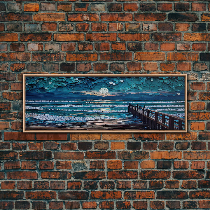 Panoramic Van Gogh Inspired Beach, Framed Canvas Print, Cool Painting, Full Moon Over Rolling Waves, Soothing Abstract Beach Decor