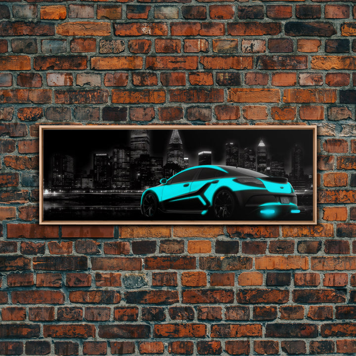 City Skyline Wall Art, Teal Sports Car,  Abstract Urban Art, Cityscape Art, Dark Night Large Urban Art, Panoramic, Wall Art, Canvas Print