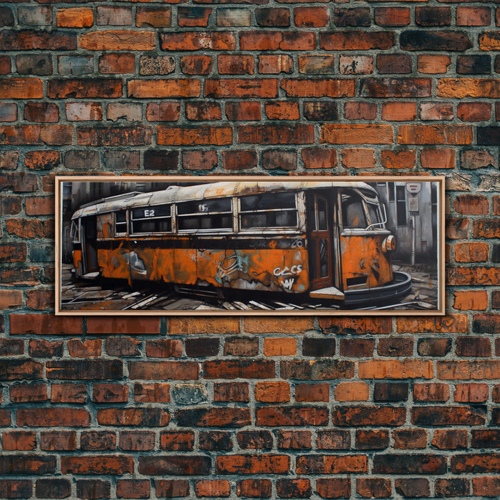 Old Abandoned Orange Streetcar Print, Graffiti Art, Urban Art Print, Street Art, Large Canvas Print, Panoramic, Wall Art, Canvas Print