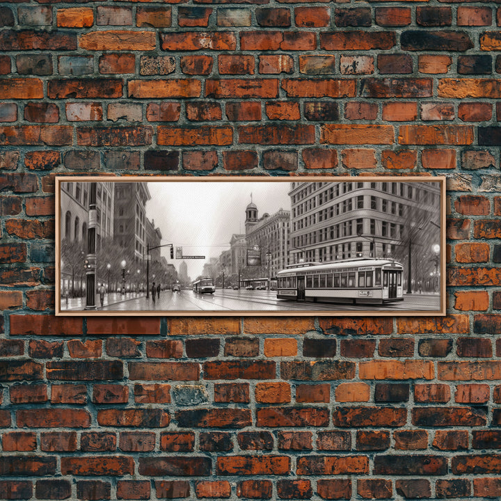 Detailed Street Sketch Canvas Print, City Wall Art, Bus, Cars, Buildings, Monochromatic Urban Art Print, Panoramic, Wall Art, Canvas Print