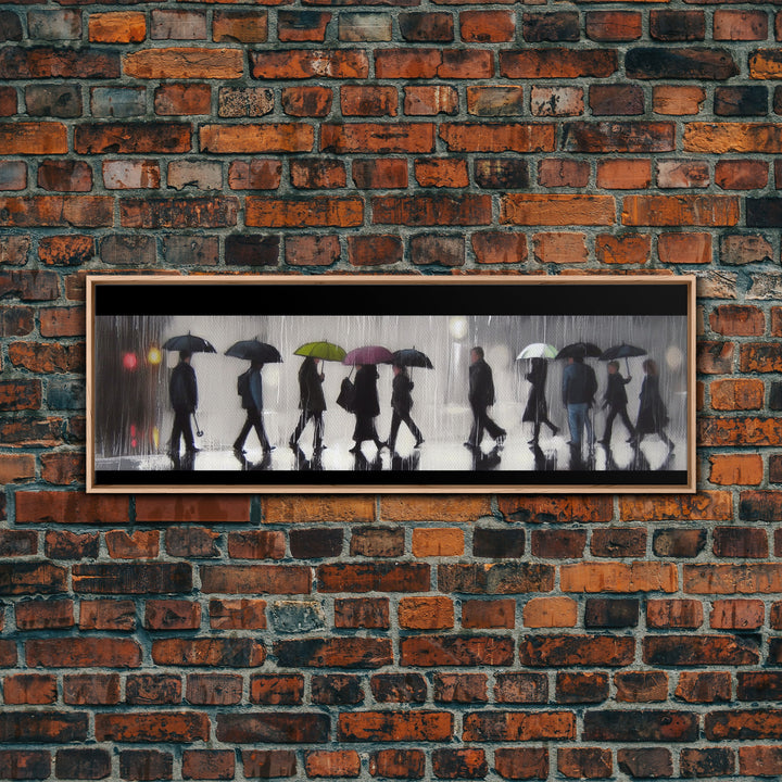 Crowd Walking With Umbrellas Canvas Print, Raining City Art, Urban Art, Large Urban Art Print, Wall Decor, Panoramic, Wall Art, Canvas Print