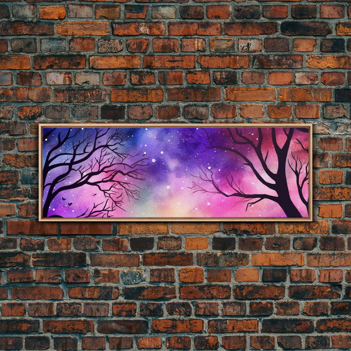 Watercolor Sky Wall Art, Purple Art, Pink Print, Fall Trees Art Canvas Print, Large Mixed Media Wall Art, Panoramic, Wall Art, Canvas Print