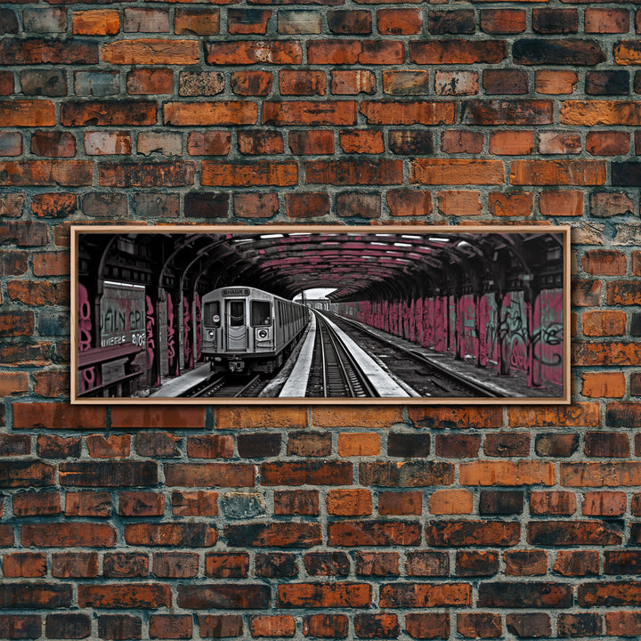 Pink Graffiti On Subway Train, Urban Art, Urban Canvas Art, Graffiti Art Canvas, Framed Canvas Print, Panoramic, Wall Art, Canvas Print