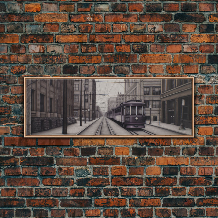 Streetcar Urban Art Print, Purple Train, Perspective Art, City Art, Urban Canvas Print, Panoramic, Wall Art, Canvas Print