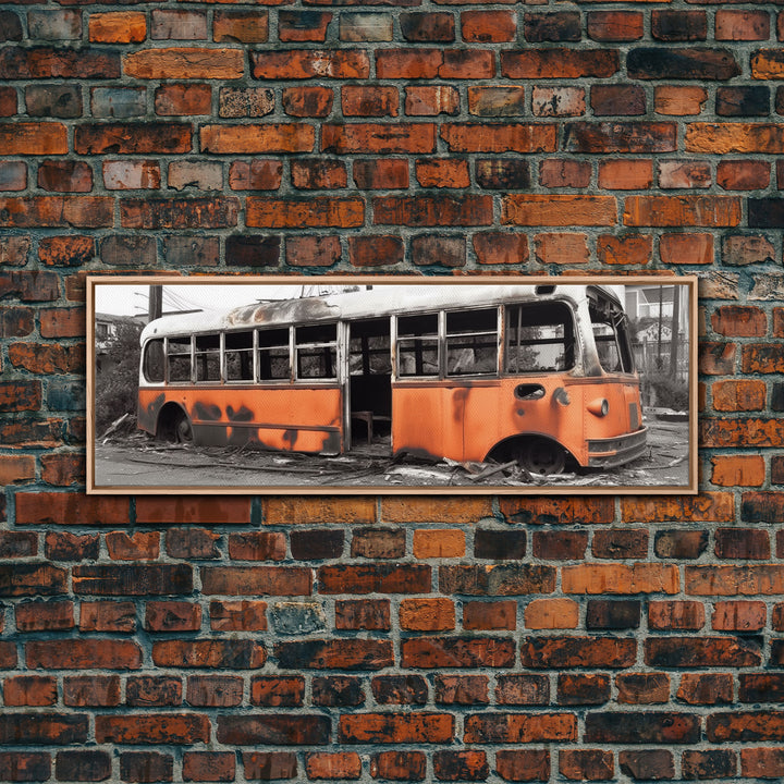 Old Burned Down Orange Bus, Abandoned Bus, Wall Decor, Bus Wreckage Canvas Art Print, Panoramic, Wall Art, Canvas Print