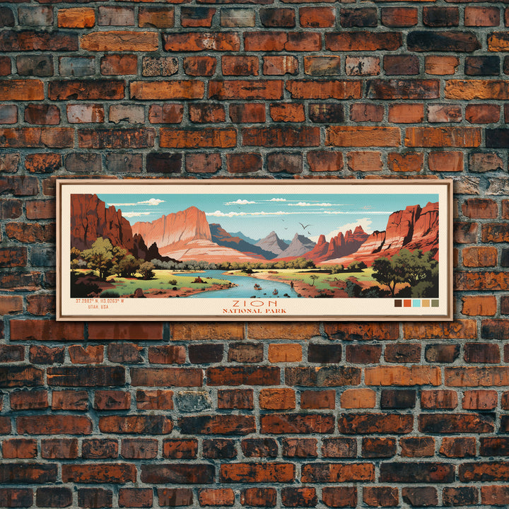 Zion National Park Panoramic Utah Travel Art, National Park Print, Minimalist Travel Art, Midcentury Modern Style Landscape