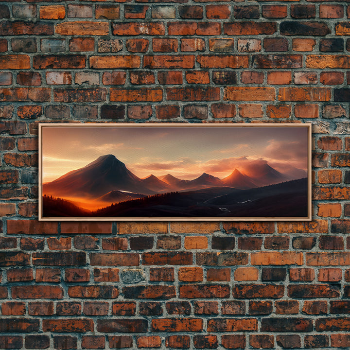 Sunset Over The Mountains, Ready To Hang Canvas Print, Panoramic Art, Above Bed Art, Above Couch Art, Above Sofa Landscape Decor