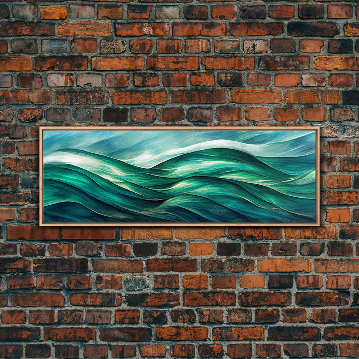 Sea Green Ocean Waves, Ready To Hang Canvas Print, Panoramic Art Deco Style Wall Decor, Emerald Green Wall Art