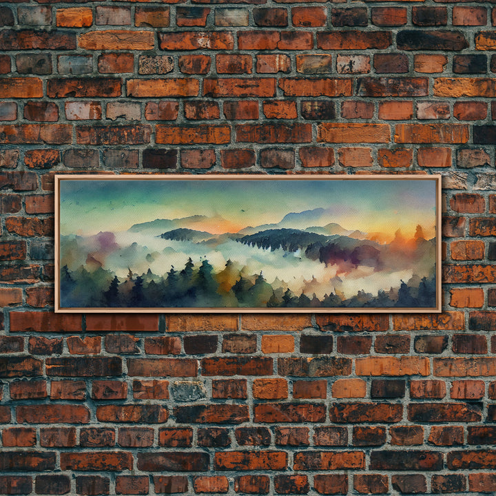 Dramatic Watercolor Sunset Landscape, Ready To Hang Canvas Print, Panoramic, Emerald Green Landscape Wall Decor, Watercolour Painting