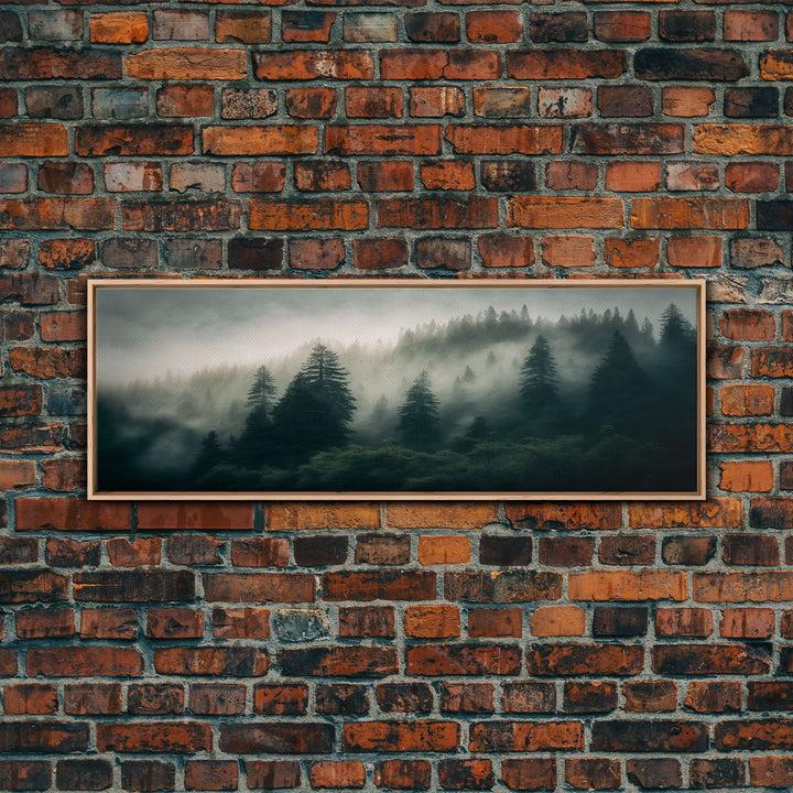 Panoramic watercolor of a misty forest fog, wall art, framed canvas print, farmhouse decor, foggy pine tree forest landscape, cabin art