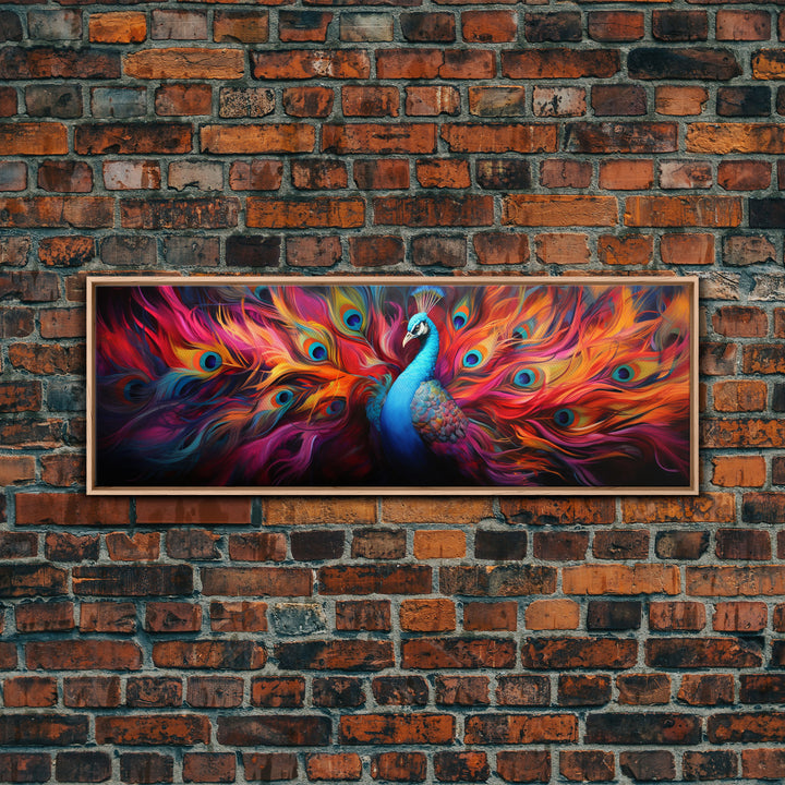 Surreal Peacock Painting Framed Canvas Print, Colorful Minimalist MCM Style Wall Art, Peacock Print