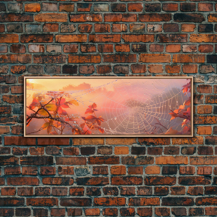 Dew Covered Spiderweb In The Fall, Framed Canvas Print, Autumn Centerpiece, Fall Leaves In The Autumn