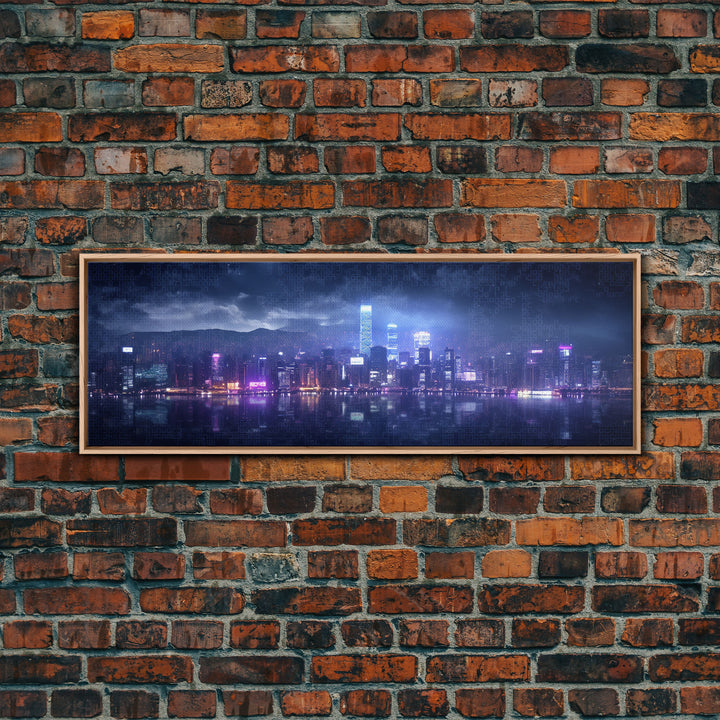 Cyberpunk Hong Kong City Skyline, Framed Canvas Print, Cyberpunk Style Wall Art, Synthwave Decor, Videogame Concept Art