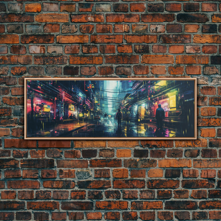 Cyberpunk Tokyo City Streets, Framed Canvas Print, Cyberpunk Style Wall Art, Synthwave Decor, Videogame Concept Art