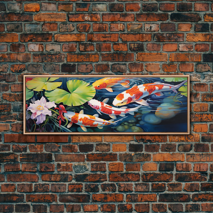 The Koi Pond Framed Canvas Print, Koi Fish Decor, Koi Fish Garden Wall Art, Koi Fish and Lilly Pads