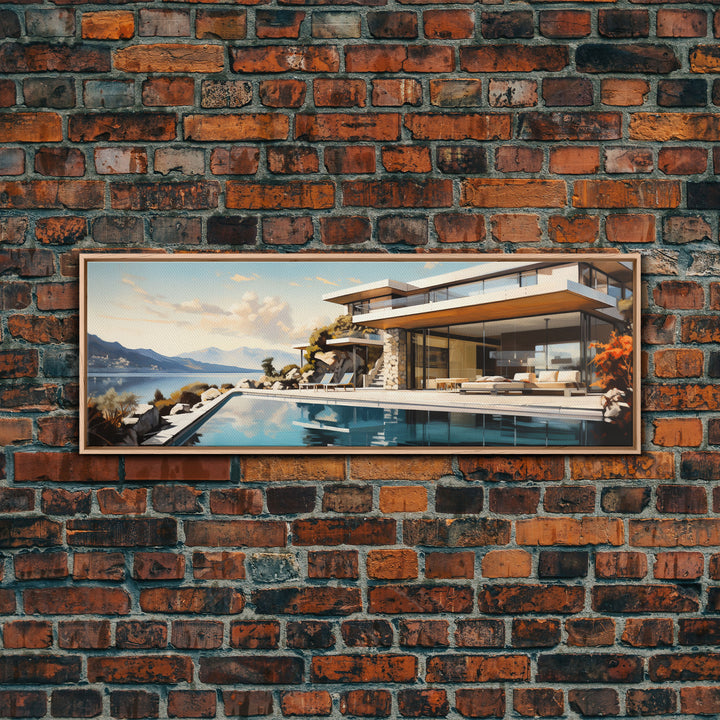 Midcentury Modern Architecture Painting Framed Canvas Print, Beautiful MCM House On Lake Tahoe, Livingroom Centerpiece Wall Art