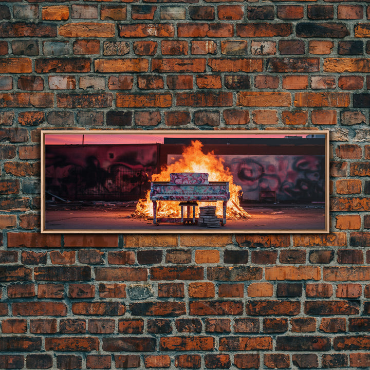 The Burning Piano, Urban Decay Art, Street Art, Framed Canvas Print, Graffiti Art, Panoramic Wall Art