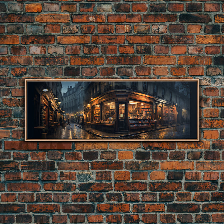 The Book Shop in Paris, Framed Canvas Print, Paris On A Rainy Night, Living Room Decor, Victorian Oil Painting