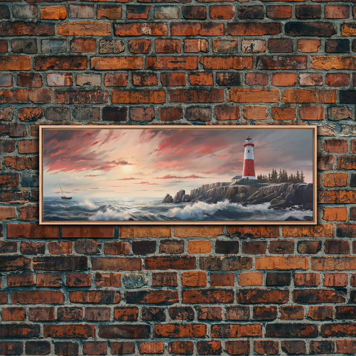 Lighthouse On A Rocky Cliff At Sunset, Framed Canvas Print / Wall Art, Watercolor Painting of a Nautical Scene