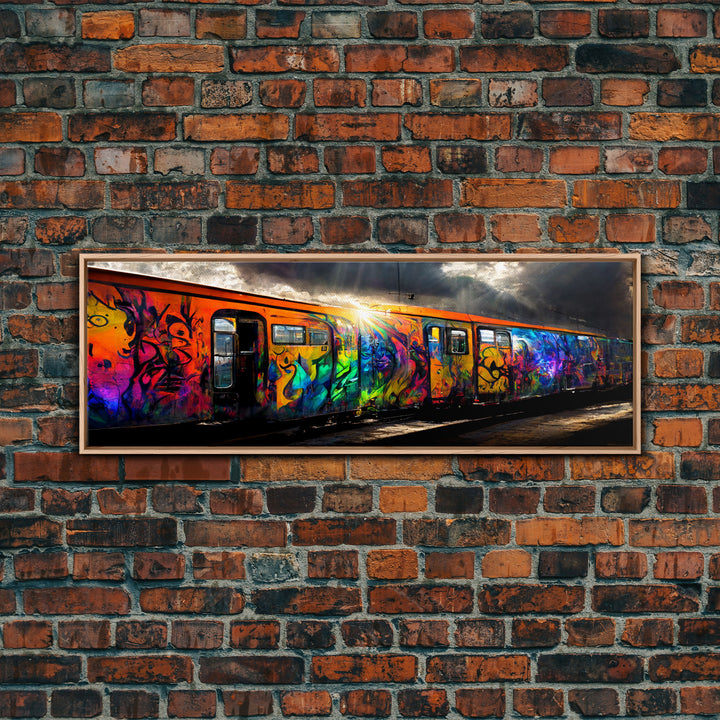 Graffiti Covered Train, Colorful Graffiti Art, Extra Large Wall Art, Framed Panoramic Canvas Print, Framed Wall Decor | Wall Art