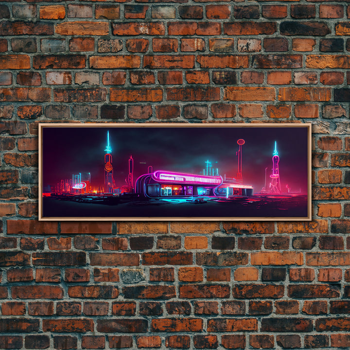 Neon Cyberpunk Atomic Age Diner, Extra Large Wall Art, Framed Panoramic Canvas Print, Framed Wall Art