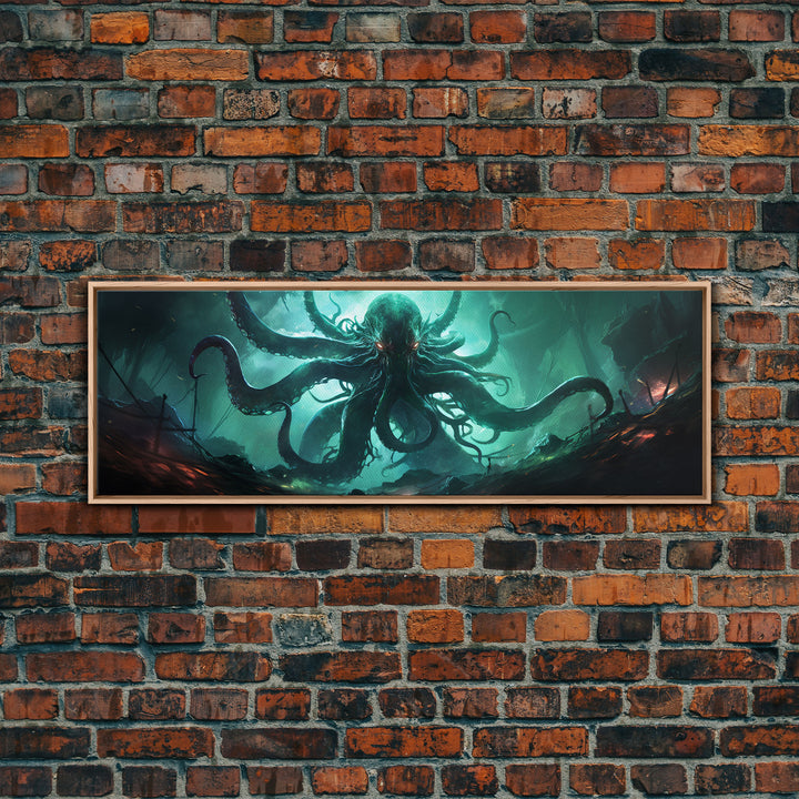 Rise Of Cthulhu Framed Canvas Print, Panoramic Call of Cthulhu H.P. Lovecraft Cosmic Horror Steampunk Gothic Darrk Art Wall Decor