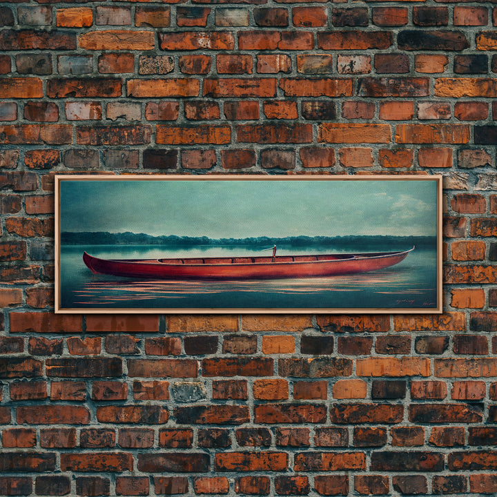 Cool Lakehouse Art, Canoe on the Lake Watercolor, Extra Large Wall Art, Framed Panoramic Canvas Print, Framed Wall Decor