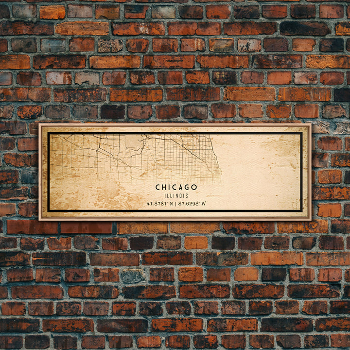 Distressed Panoramic Chicago map print poster or framed canvas, Illinois road map print poster canvas, Chicago city map print poster canvas