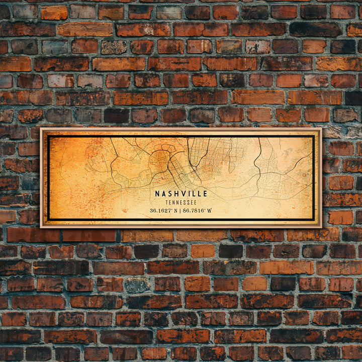 Panoramic Nashville Map Print, Framed Canvas Wall Art, Tennessee Street Map Art, Davidson City Street Road Map Wall Decor Panoramic Art